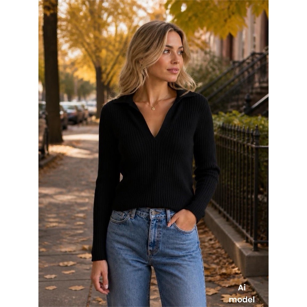 Banana Republic Black Ribbed V-Neck Polo Collar Sweater Long Sleeve Womens Large
